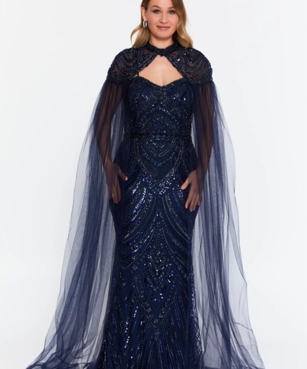 Μακρύ Στρας Φόρεμα με Κάπα – Σκούρο Μπλε Evening Gown