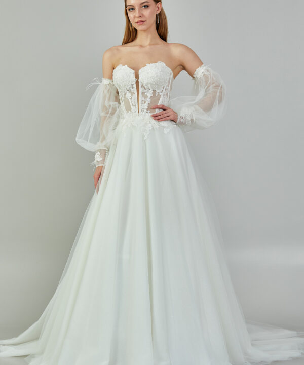 Ρομαντικό Νυφικό με Διάφανη Δαντέλα και Αποσπώμενα Μανίκια