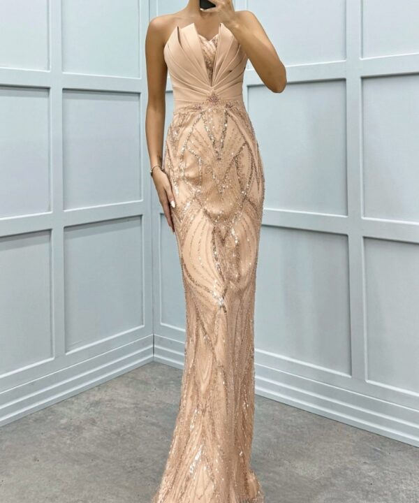 Βραδινό Μaxi Φόρεμα με Στρας & Πιέτες – Nude Champagne